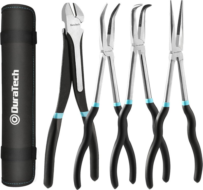 DURATECH 4 PCS Extra Long Needle Nose Pliers Set, Premium CRV Steel, 11" Long Reach Straight & 90° Bent Nose & 45°Bent Nose & Diagonal Pliers for Hard-to-Reach Narrow Spaces - Image 1